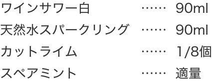 ワインサワー白90ml、天然水スパークリング90ml、カットライム8分の1個、スペアミント適量