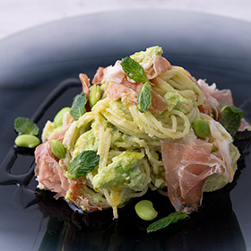 生ハムと枝豆の冷製パスタ