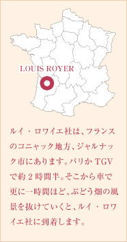 ルイ・ロワイエ社は、フランスのコニャック地方、ジャルナック市にあります。パリかTGVで約2時間半。そこから車で更に一時間ほど、ぶどう畑の風景を抜けていくと、ルイ・ロワイエ社に到着します。