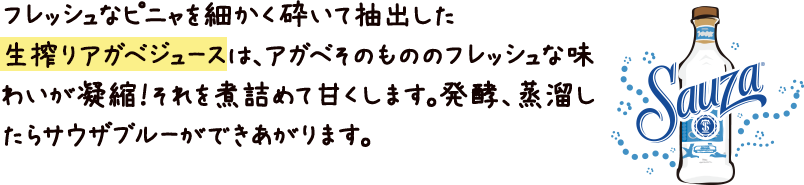 フレッシュなピニャを細かく砕いて抽出した生搾りアガベジュースは、アガベそのもののフレッシュな味わいが凝縮！それを煮詰めて甘くします。発酵、蒸溜したらサウザブルーが出来上がります。